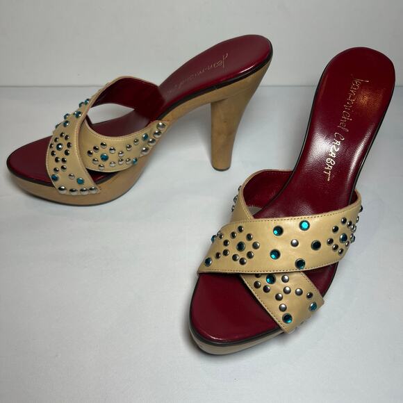Jean-Michel Cazabat Platform Sandals Tan Leather Rhinestone 5 Inch Heel Sz 7.5 - Picture 12 of 12
